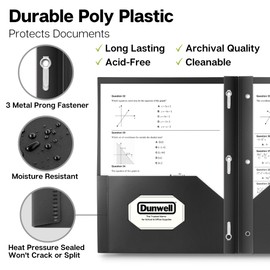 Dunwell Plastic Folders with 3 Prongs, (2 Pack, Black), 2-Pocket Folders with Fasteners, Durable Acid-Free Poly for Long Term Use, Includes Labels