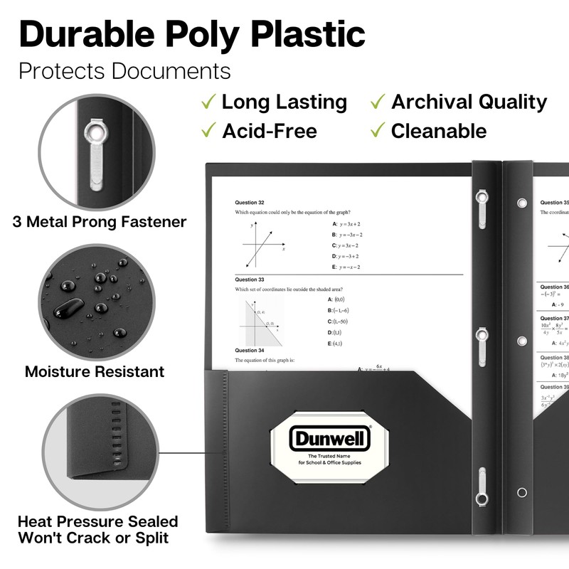 Dunwell Plastic Folders with 3 Prongs, (2 Pack, Black), 2-Pocket