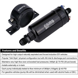 OSIAS External Fuel Pump EFI 380LH 1000HP High Flow 12V 145psi Universal Solid Petrol Fit for AN10 Inlet / AN6 Outlet + Bracket E85 Compliant 044 style ……