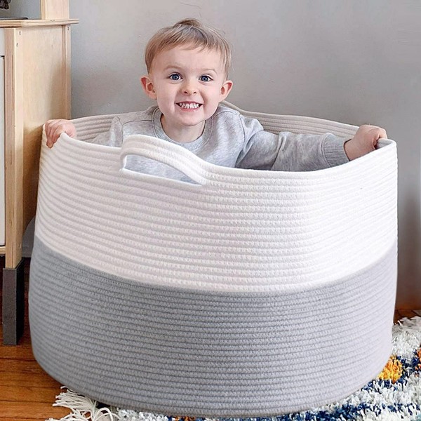 Goodpick Large Basket 23.6"D x 14.2"H Jumbo Woven Basket Cotton Rope Basket Baby Laundry Basket Hamper with Handles for Cushions Blanket and Pillow Storage in Living Room Toy Bins
