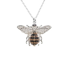 Latelita Honey Bee Pendant Necklace Rhodium Plated Sterling Silver Lab Created Round Cubic Zirconia White Cubic Zirconia Black Animal Inspired