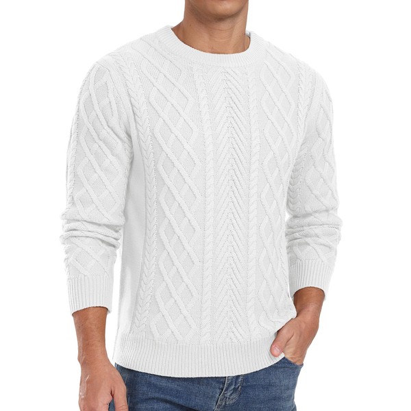 QIXING Men's Cable Knit Crew Neck Long Sleeve Thick Knitted