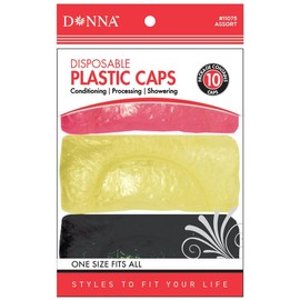 Donna Disposable Plastic Caps 10pcs - Transparent Shower Cap Elastic Band Waterproof Plastic for Women or Men Bathing Showering All Hair Textures, One Size Fits All, Assort 1pc