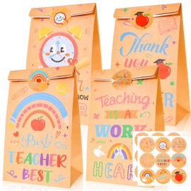 HOWAF 12pcs Teachers Appreciation Kraft Paper Candy Bags, Thank You Teacher Gift Bag with Stickers for Teachers Appreciation Week Party Supplies Decorations Teachers Appreciation Goodie Bags