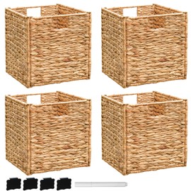 Storage Baskets Wicker Cube Baskets Foldable Handwoven Storage Baskets Bins with Handles Water Hyacinth Laundry Organizer Totes with Letter Boards and White Markers Set of 4 Pcs,12x12x12inch