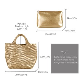 Woven Bag For Women Vegan Leather Handmade Woven Tote Bag,Summer Beach Bag Travel Hand Bag And Purse Satchel Handbag (Gold)