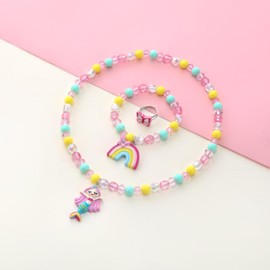 Rainbow Mermaid Hearts Stretch Necklace Little Girl Toddler Necklace Bracelet Set, Little Princess Unicorn Jewelry Set Kids Play Necklaces Bracelet Rings for Girls Accessories Favors (Mermaid Theme)