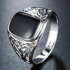 Star Jewelry Signet Pinky Ring with Black Square Enamel 18K Gold Plated for Men and Women Size 6-14, enamel