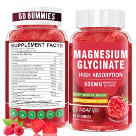 Magnesium glycinate Gummies 600mg,high Absorption Magnesium Supplement for Boys and Girls,Used for Sedation,Muscle Relaxation,Bone Health Support,Non GMO,60 Capsules,Raspberry Flavor