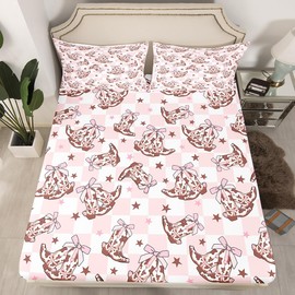 Cowgirl Boots Fitted Sheet Set with 2 Pillowcase,Western Cowboy Rustic Brown Cowhide Starry Microfiber Mattress Cover,Princess Pink Bowknots Checker Plaids Bed Cover Queen Size
