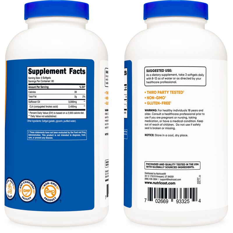 Nutricost CLA (Conjugated Linoleic Acid) 2,400mg, 240 Softgels - Gluten