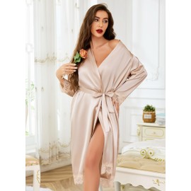 Lovasy Satin Bathrobe Women's Long Kimono Japanese Dressing Gown for Women Cuffs Made of Lace Bridal Bathrobe Wedding Party with Belt, Deep Champagne, M