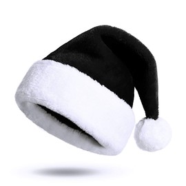 KONVINIT Black Xmas Hat Christmas Hat for Adult Deluxe Plush Santa Hat with a Faux Fur Pompom on top Santa Claus Hat Father Christmas Hat for Men and Women Santa Costume,black