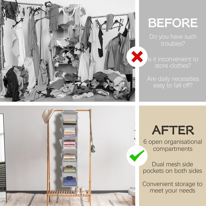 HOSTK 2Pack Hanging Closet Organizer, 6 Tier Hanging Storage Shelves,