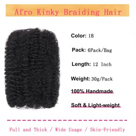 TOOPBIUTI Afro Kinky Bulk Hair 12 Inch Spring Twist Braiding Hair Bulk Locs Dreadlock Extensions Afro Kinky Curly Crochet Braid Hair (1B, 12inch-6pc)