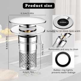 Pack of 2 Stainless Steel Pop Up Drain Strainer Drain Plug, Sink Plug, Bathroom Sink Plug, Metal Drain Plug, Universal, Sink Plug, Drain Plug for Bathroom, Sink and Kitchen (34-40 mm)