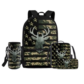 Rnyleeg Hunting Deer Camo Backpack for Boys 8-10 with Lunchbox Lightweight American Flag Boys Backpack 10-12 Years Old 4pcs Kids Bookbag Set for Elementary Casual Travel Daypack