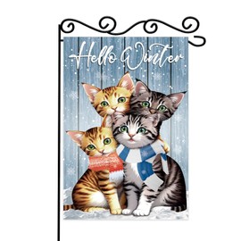 Cat Hello Winter Scarf Snowy Small Decorative Garden Flag,Cute Outdoor Blue Garden Flag,Snow Christmas Holiday Outside Decorations Yard Flag,Christmas Snow Outdoor Farmhouse Decor.12x18 Inch Double.