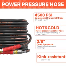 Heliwoo 5/16" Pressure Washer Hose 50 FT, Hot and Cold Water Power Washer Hose Max 140°F, Commercial Industrial Grade Steel Wire Braided Kink Proof Extension Hose with 3/8 Quick Connect 4500 PSI