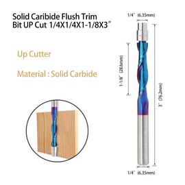 2PCS UP Cut Spiral Flush Trim Router Bit,1/4 Inch Shank 1-1/8 Inch Cutting Length Extra Long 3 Inch OVL,Carbide CNC Router Bit with Nano Coated for Triming