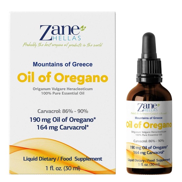 Zane Hellas 190 mg Oregano Oil-164 mg Carvacrol per Serving-4 Drops Daily. 100% Greek Undiluted Oil of Oregano. 86%-90% Min Carvacrol. Probably The Best Oregano Oil in The World. 1 fl. oz.-30ml.