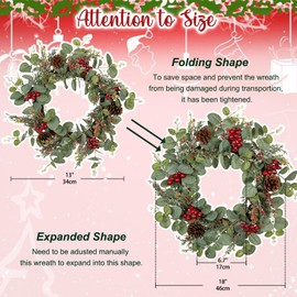 18 inch Christmas Wreath, Small Christmas Wreath for Front Door Christmas Door Wreaths with Red Berries Pine Cones Cedar Eucalyptus Leaves Aritificial Wreath for Christmas Indoor Outdoor Decorations