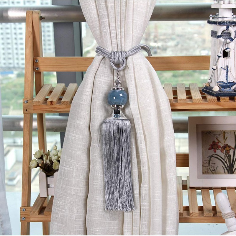 Upstore 1Pair Curtain Tassel Tiebacks Crystal Beaded Fringe Ropes Holdbacks