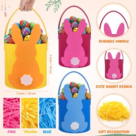 Moukeren 3 Pcs Easter Bunny Felt Basket Colorful Rose Red Blue and Yellow Easter Basket Bucket with Handle and Raffia Paper Ribbon for Easter's Egg Hunts Gifts and Candy Surprises Decorations