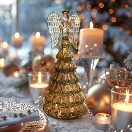 Gold Mercury Glass Christmas Tree with Angel for Home Decor, Christmas Table Decorations Lighted Xmas Tree with Timer for Living Room Mantel Tabletop Party