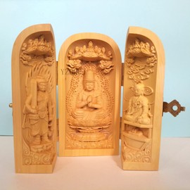 Sankai Buddha Sculpted Wooden Buddha Statue (Dainichi Sanzon, Shingon Sect Sanzon: Dainichi Nyorai, Kobo Daishi, Fudo Myoo) Boxwood Tsuge Plant Height 10cm Fine Art Protection Honzon Charm Figurine