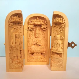 Sankai Buddha Sculpted Wooden Buddha Statue (Dainichi Sanzon, Shingon Sect Sanzon: Dainichi Nyorai, Kobo Daishi, Fudo Myoo) Boxwood Tsuge Plant Height 10cm Fine Art Protection Honzon Charm Figurine