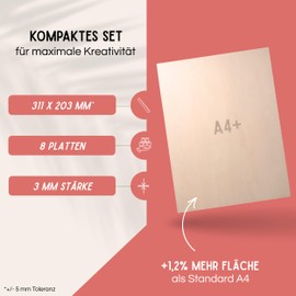 EV® Plywood Board 3 mm – Pack of 8, A4+ Format, Italian Poplar Plywood in Premium AB/BB Quality, High-Quality Wooden Panels for Crafts, Painting and Lasering