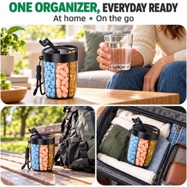 6 Compartment Pill Organizer with Rotating Lid Large Capacity Portable Supplement Container for Home and Travel