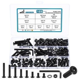 169 Piece M6 Screws Set, Black Allen Screws Nuts Set with Washers Set, Threaded Screws with Nuts, Pan Head Screws and Nuts, Bicycle Screws Set, with Key