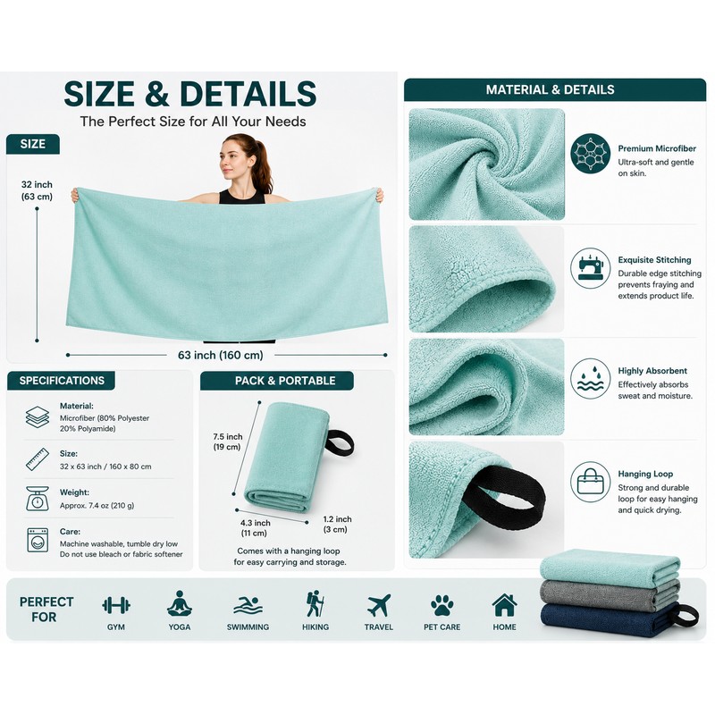 Silver Ion (AG+) Microfiber Sports Towel 32 x 63 Inch,