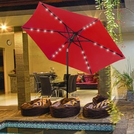 Rose Red Shade Patio Umbrella with Solar Lights, 90'' Size Hexagonal Canopy Shape Lighted, Beautiful, Gorgeous, Weight: 11.79, Durable, UV and Water Resistant | All Season Crank Lift Tilt Push Button