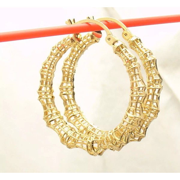 HSN 1.25" Technibond Filigree Bamboo Hoop Earrings 14K Yellow Gold