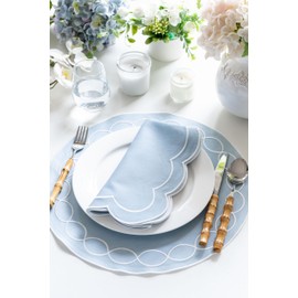 Hofdeco Premium Coastal Patio Indoor Outdoor Placemat Set of 4, 15 Inch Double-Layered, Waterproof Cloth Placemat for Kitchen or Dining Table. Baby Blue Embroidered Scalloped Circle