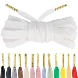 Loop King Shoe Laces- Premium Flat Cotton Laces for Sneakers with Gold Tips - Perfect for Athletic Adults and Kid, White, 7-10 Eyelets / 140cm / 55"