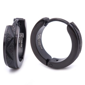 Stainless Steel Mens Hoop Earrings Zig Zag Stripe Whole Black Bevel Edge 16mm