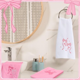 Geyoga 6 Pcs Pink Bow Embroidery Fingertip Towels Coquette Bathroom Hand Dish Towels Cute Kitchen Tea Washcloths for Bathroom Kitchen Summer Home Decor(Pink,Bow Knot)