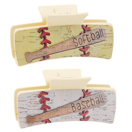 Framendino, 2 Pack Baseball Hair Claw PU Leather Softball Sport Rectangle Large Clip Accessories for Women White & Yellow