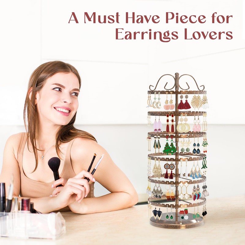 MODOWEY 6 Tier Rotating Earring Holder Organizer Stand, Adjustable Metal