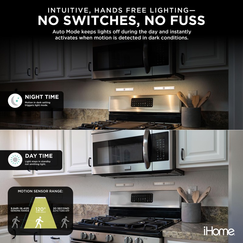 iHome Rechargeable Auto Sensing Light Bars, Motion Sensor, Dimmable, Auto/Always-On
