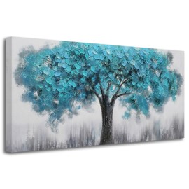 Acocifi Christmas Birthday Gift Blue Tree Canvas Wall Art Landscape Picture Textured Painting Abstract Artwork, Nature Scenery Print for Living Room Bedroom Dining Room Office Home Decor 40x20
