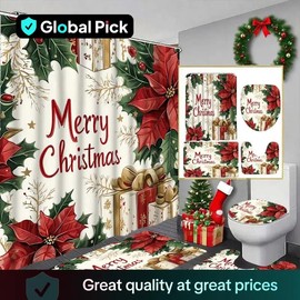 Christmas Floral Shower Curtain Set, Includes Bath Mat, Toilet Lid Cover, U-Shaped Tray, Festive Bathroom Decor Gift:_Pure White_180cm*180cm/78.2inch*78.2inch