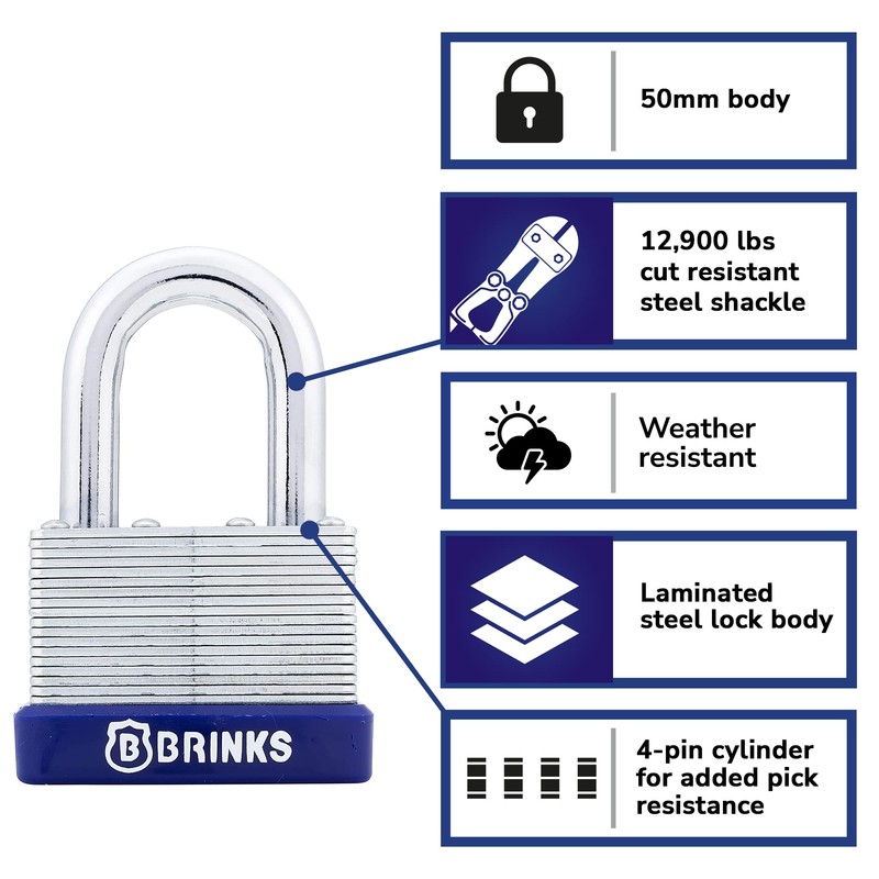 BRINKS - 50mm Laminated Steel Keyed Padlock - Chrome Plated
