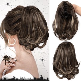 KooKaStyle Ponytail Extension, 10" Short Claw Clip in Pony Tails Hair Extensions Curly Wavy Synthetic Drawstring Hairpieces for Women(Brown mixed Blonde Highlights)