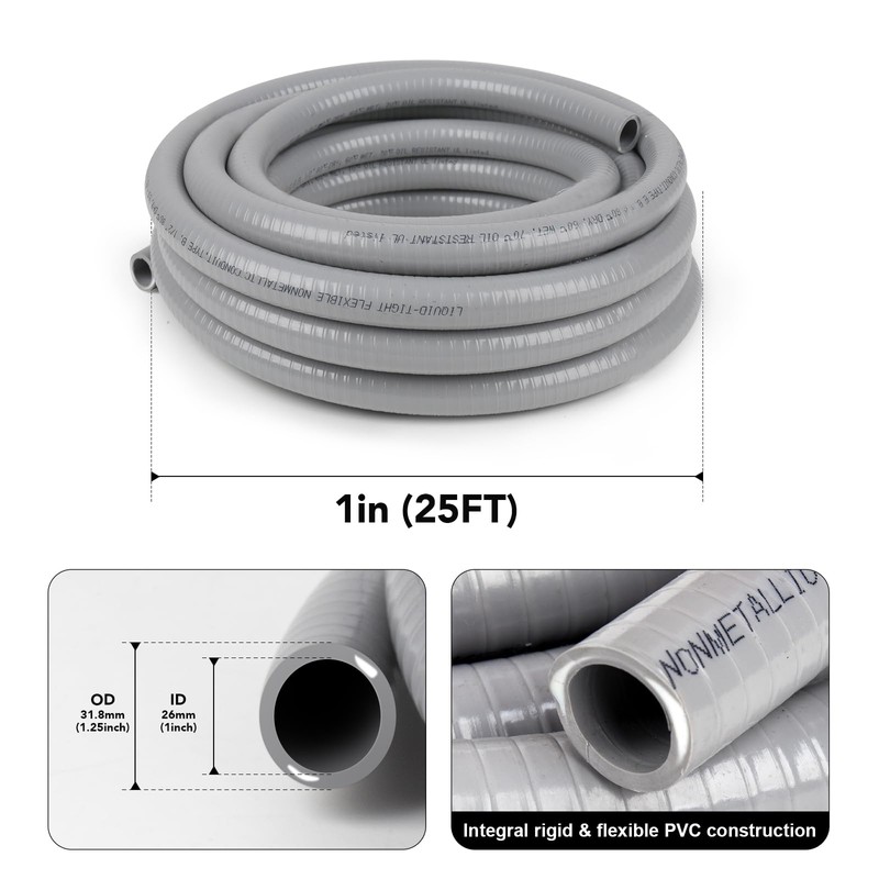 Elecoman 1 inch 25ft Liquid-Tight Conduit and Connector Kit,Flexible Non-Metallic