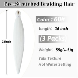 Pre stretched Braiding Hair 16 Inch Braiding Hair Extensions Hot Water Setting Synthetic Hair Pre Stretched Crochet Braids Hair(16 Inch,3 Packs,60#）